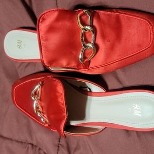 Red satin look slides gold embroidery